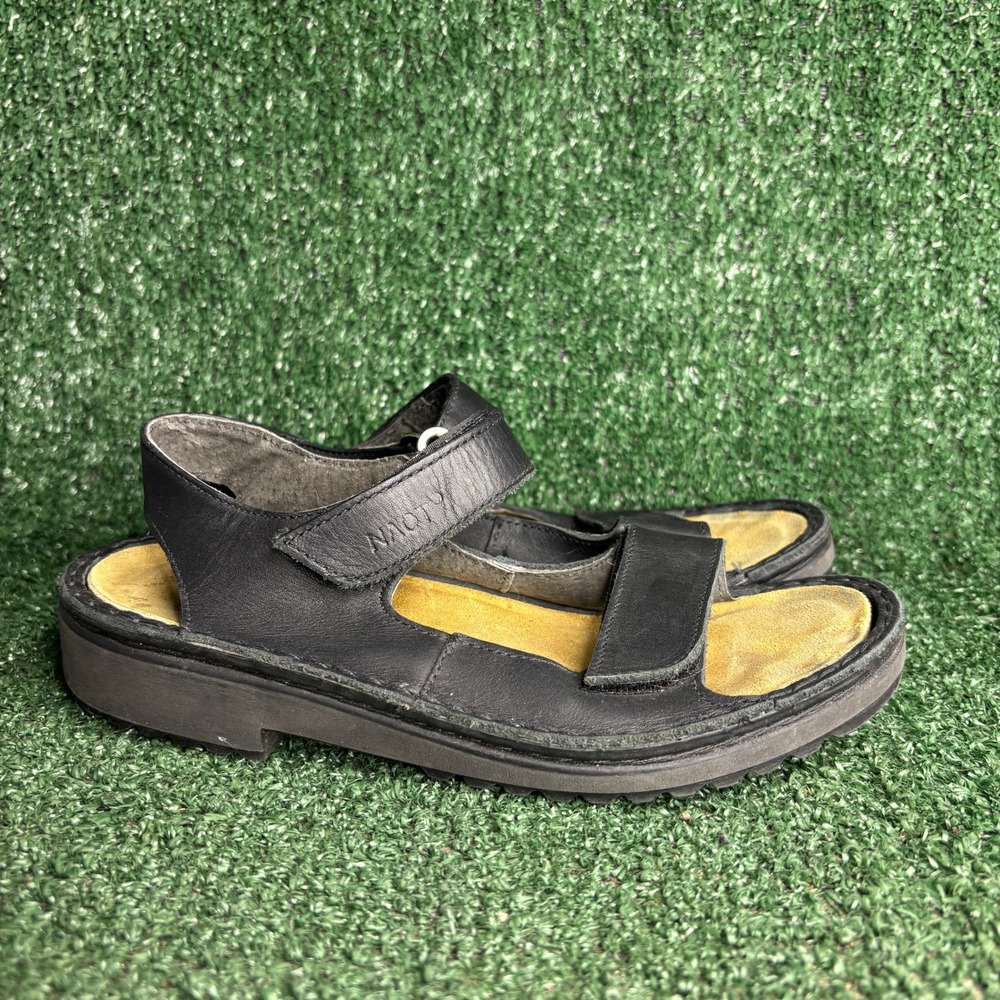 Naot Karenna Leather Hook-Loop Comfort Wedge Gorp Sandals Black‎ Womens Size 5.5